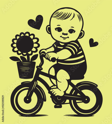 Cute baby cycling vector silhouette