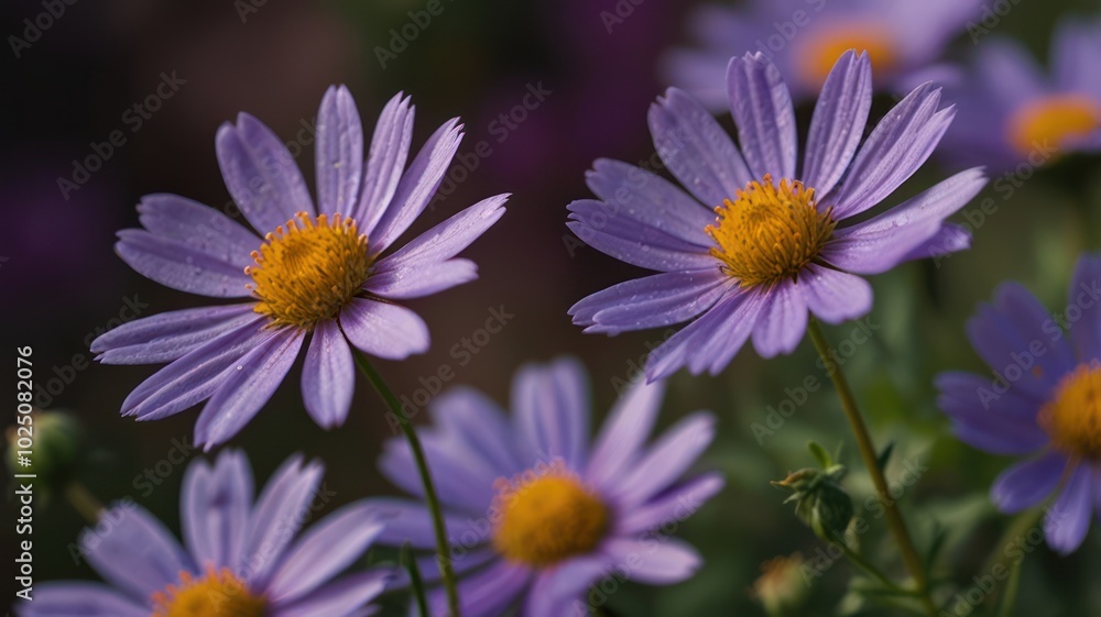 Close-up of three light purple daisies with yellow centers, in focus, with a blurred background of more daisies. Close-up of three light purple daisies with yellow centers, in focus, with a blurred background of more daisies.