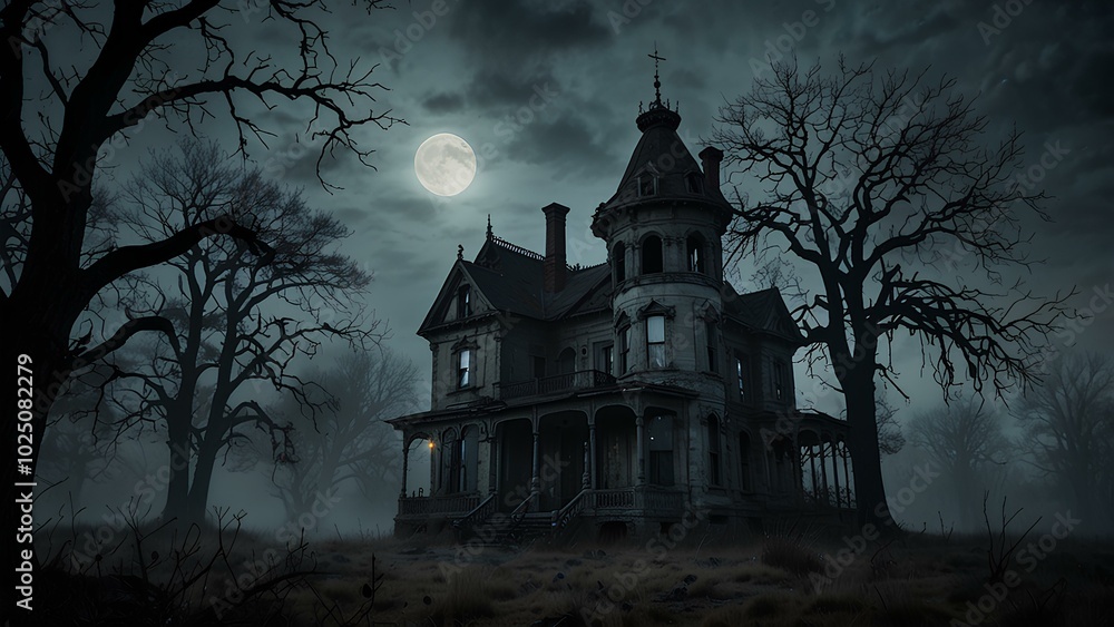 Foggy Night Around a Haunted Mansion with Dead Trees and Full Moon Foggy Night Around a Haunted Mansion with Dead Trees and Full Moon