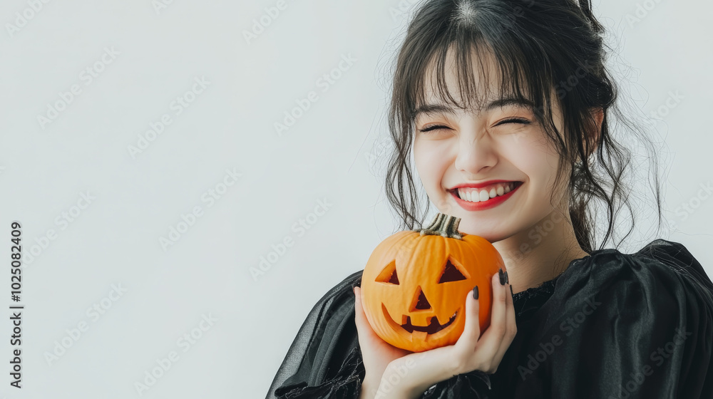 Happy woman with Halloween pumpkin and bright smile Happy woman with Halloween pumpkin and bright smile