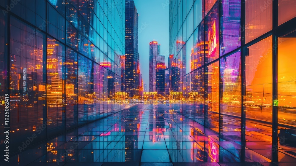 A panoramic view of a cityscape at night, with glass buildings reflecting colorful lights and creating a dazzling urban kaleidoscope A panoramic view of a cityscape at night, with glass buildings reflecting colorful lights and creating a dazzling urban kaleidoscope