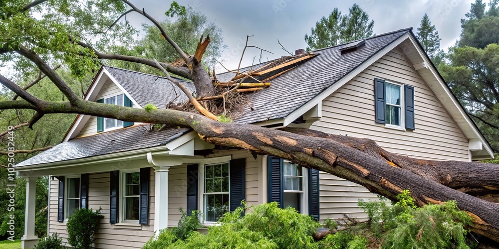 custom made wallpaper toronto digitalLow angle view of tree falling on house roof during storm, causing insurance damage and mud destruction