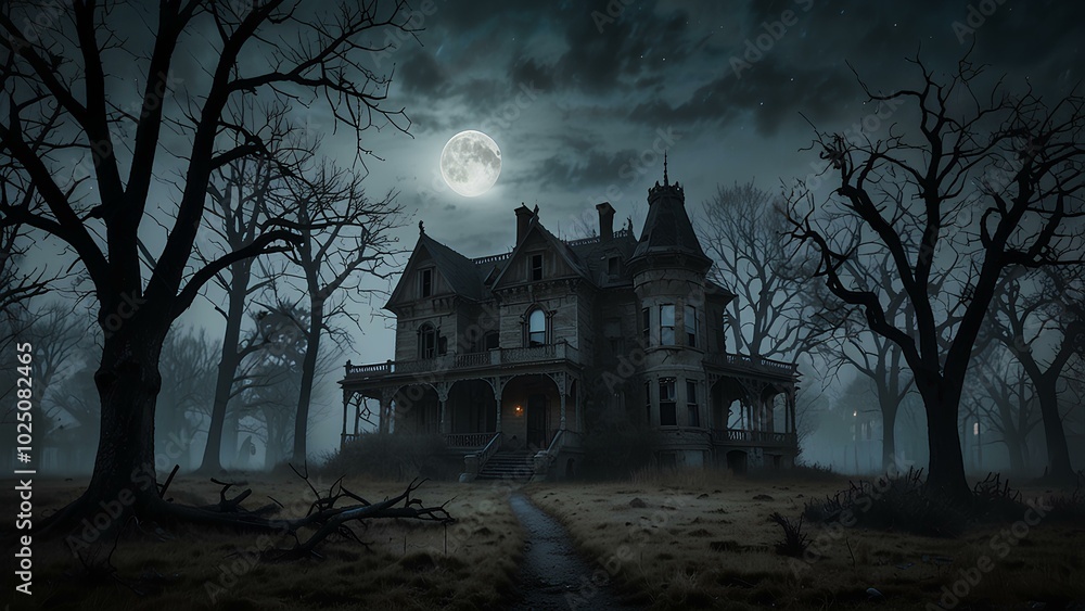 Foggy Night Around a Haunted Mansion with Dead Trees and Full Moon Foggy Night Around a Haunted Mansion with Dead Trees and Full Moon