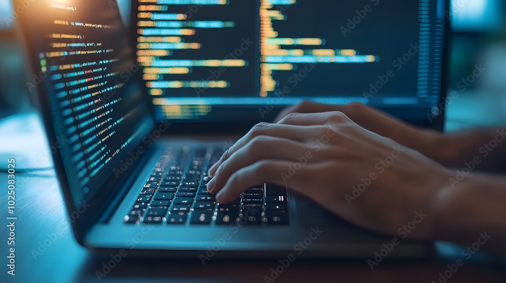 A person is typing on a laptop with a blue screen A person is typing on a laptop with a blue screen