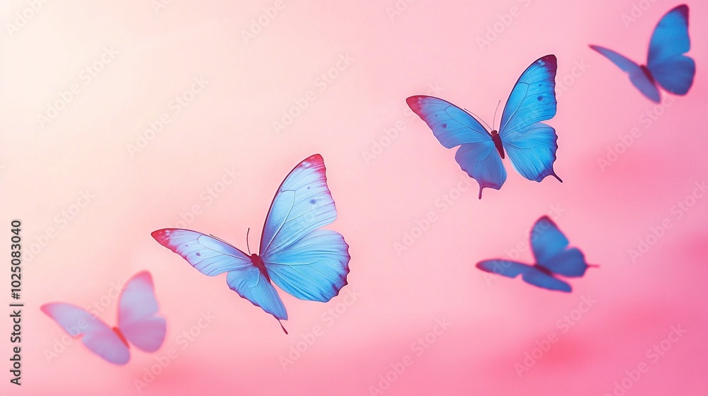 A collection of blue butterflies moving through a pink sky with just one flying in front of the lens on the left side A collection of blue butterflies moving through a pink sky with just one flying in front of the lens on the left side