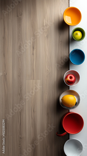 Wallpaper Mural A top view of a family kitchen with a large island, seating for children, and colorful kitchen gadgets Torontodigital.ca