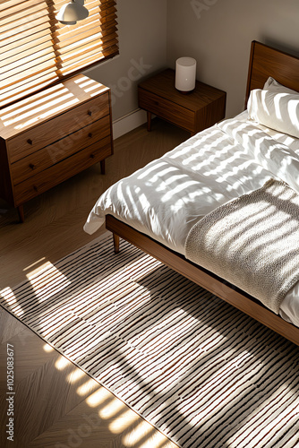 A top view of a midcentury modern bedroom with a vintage dresser, wooden bed frame, and geometricpatterned rug photo