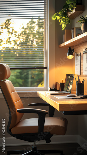 A side view of a creative home office with an inspiration board, plants on the desk, and a cozy reading corner photo