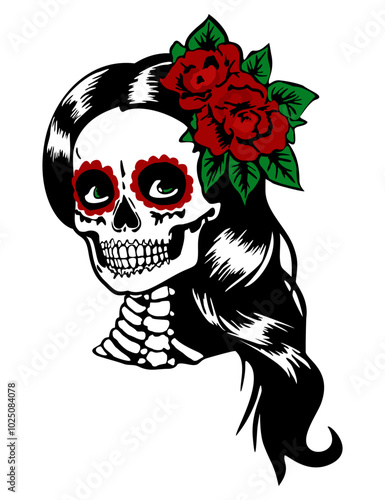 Catrina head. Woman sugar skull. Mexican Day of the Dead. Vector isolated illustration