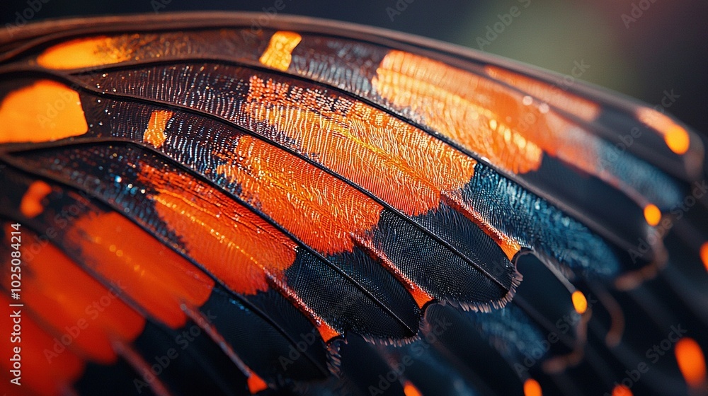 A close-up of a bird's wing with orange, blue, and black feathers A close-up of a bird's wing with orange, blue, and black feathers