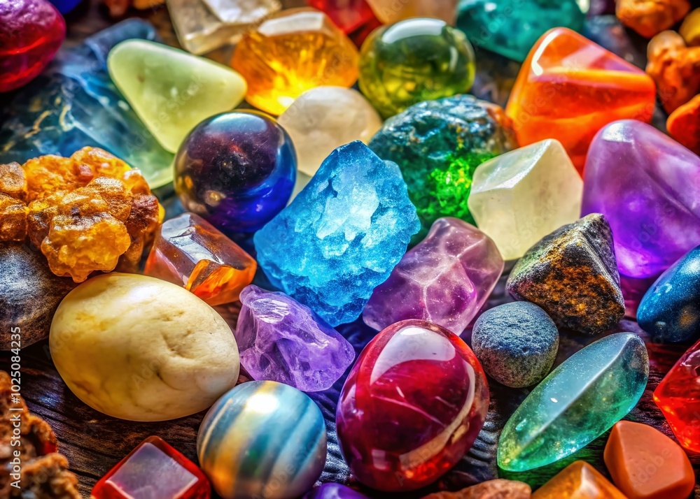 Close Up of Beautiful Healing Crystals for Energy, Meditation, and Spiritual Wellness in Vibrant Colors and Unique Close Up of Beautiful Healing Crystals for Energy, Meditation, and Spiritual Wellness in Vibrant Colors and Unique