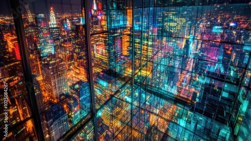 A stunning night view of a city skyline reflected in a glass building, showcasing vibrant lights and colors from the bustling streets below