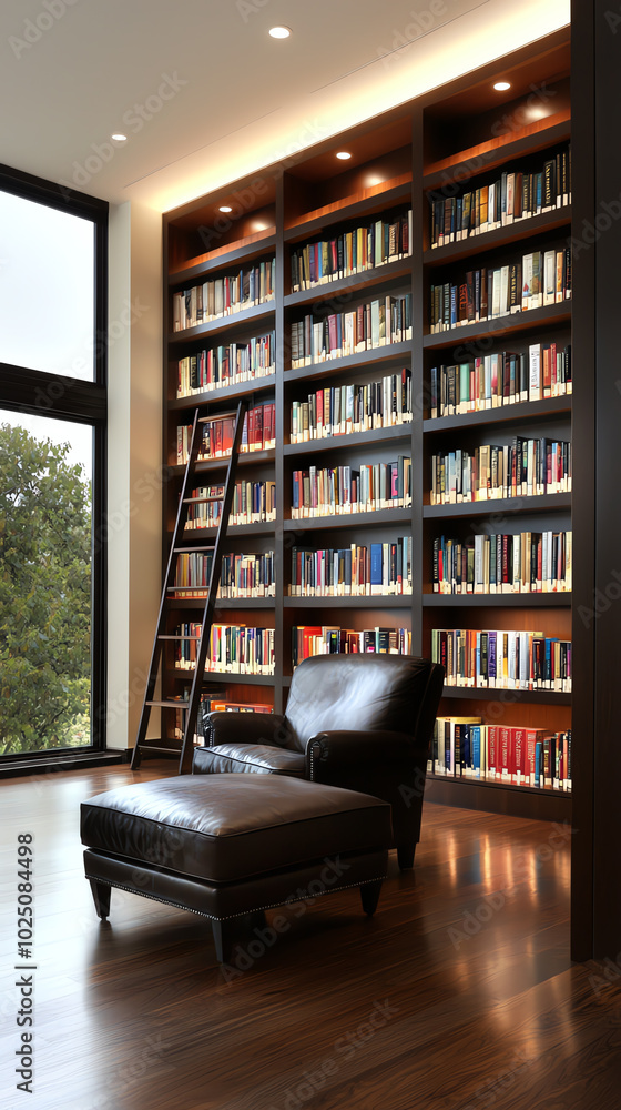 A top view of a home library with builtin bookshelves, a reading nook, and a ladder to reach the higher shelves A top view of a home library with builtin bookshelves, a reading nook, and a ladder to reach the higher shelves