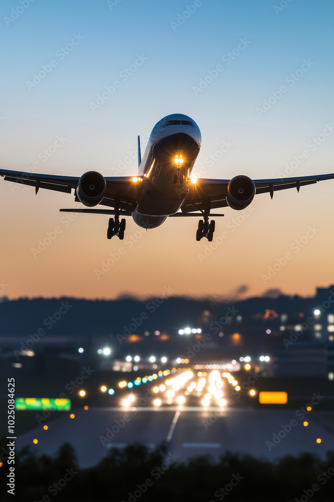 A plane ascending into the twilight sky over a busy runway at dusk A plane ascending into the twilight sky over a busy runway at dusk