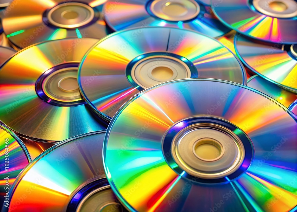 Close-Up of Compact Discs with Iridescent Reflection on Neutral Background for Technology and Music Themes Close-Up of Compact Discs with Iridescent Reflection on Neutral Background for Technology and Music Themes