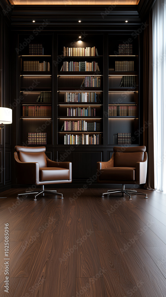 A front view of a luxury home office with dark wood furniture, leather chairs, and a large library wall filled with books A front view of a luxury home office with dark wood furniture, leather chairs, and a large library wall filled with books