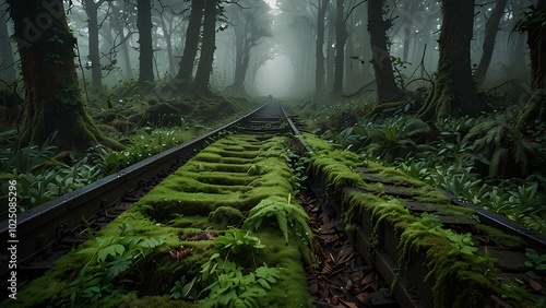 Forgotten Railway Tracks Lost in Greenery: Serene and Eerie Overgrown Path in the Mist photo