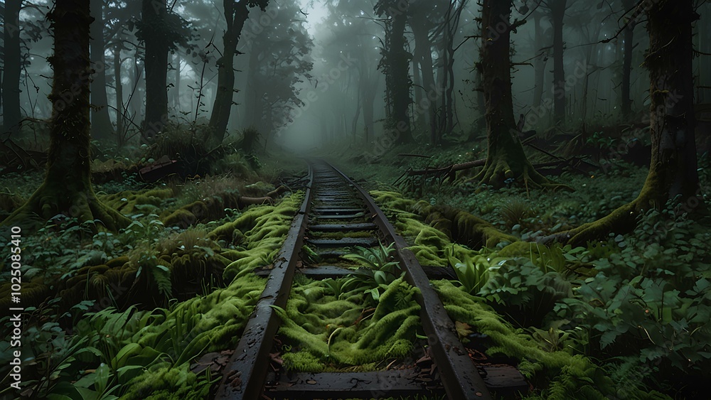 Obraz premium Forgotten Railway Tracks Lost in Greenery: Serene and Eerie Overgrown Path in the Mist