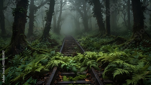 Forgotten Railway Tracks Lost in Greenery: Serene and Eerie Overgrown Path in the Mist photo