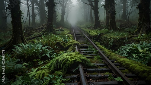 Forgotten Railway Tracks Lost in Greenery: Serene and Eerie Overgrown Path in the Mist photo