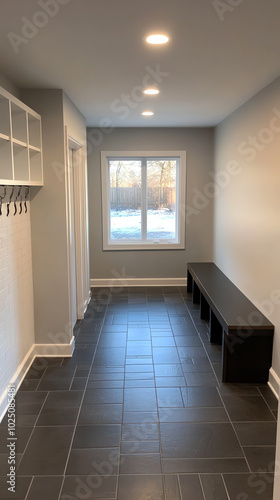 A front view of a mudroom with builtin cubbies, hooks for coats, and storage benches for shoes photo