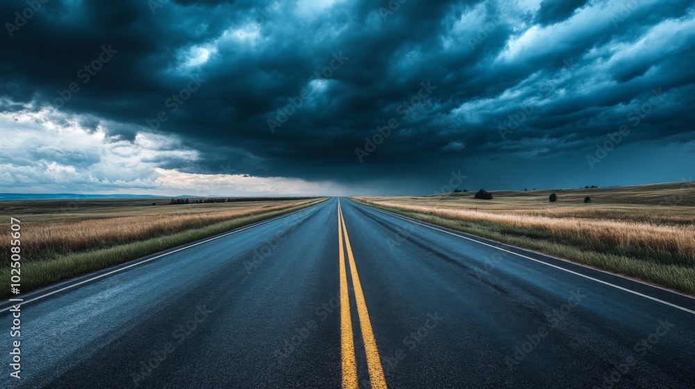 Naklejka premium A Wet Road Under a Dramatic Stormy Sky