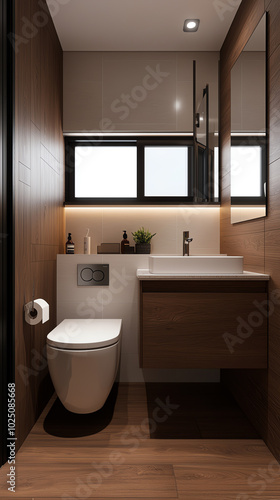 A top view of a compact bathroom with spacesaving fixtures, a corner shower, and a small vanity with storage underneath photo