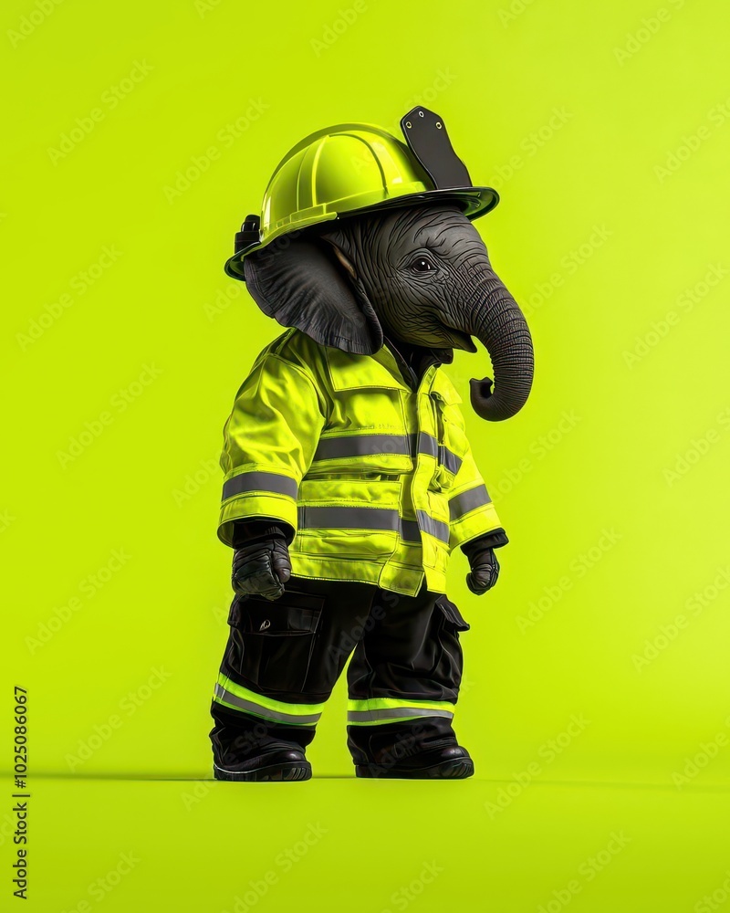 A cute elephant dressed as a firefighter on a vibrant green back A cute elephant dressed as a firefighter on a vibrant green back
