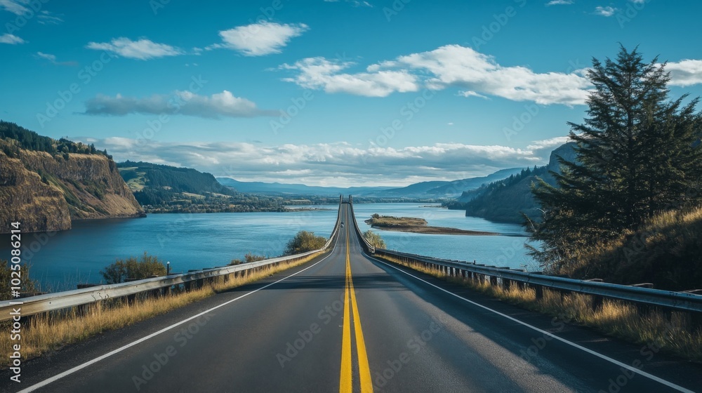 Empty Highway Leading Towards a Bridge Over a River Surrounded by Mountains and Forest Empty Highway Leading Towards a Bridge Over a River Surrounded by Mountains and Forest