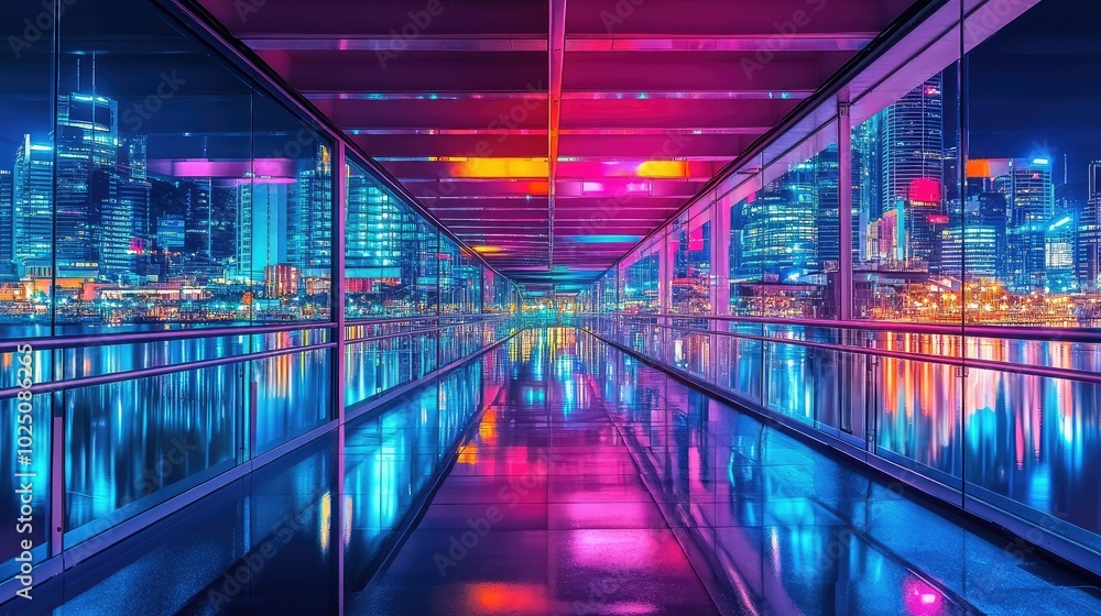 A vibrant city scene at night, with a glass bridge reflecting the colorful lights of the skyline and the water below A vibrant city scene at night, with a glass bridge reflecting the colorful lights of the skyline and the water below