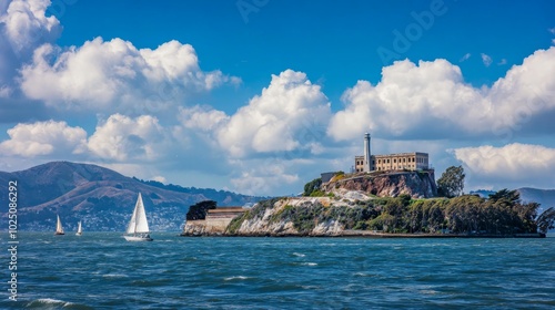 A picturesque view of Alcatraz Island in San Francisco Bay, with sailboats in the foreground and the city skyline in the background.