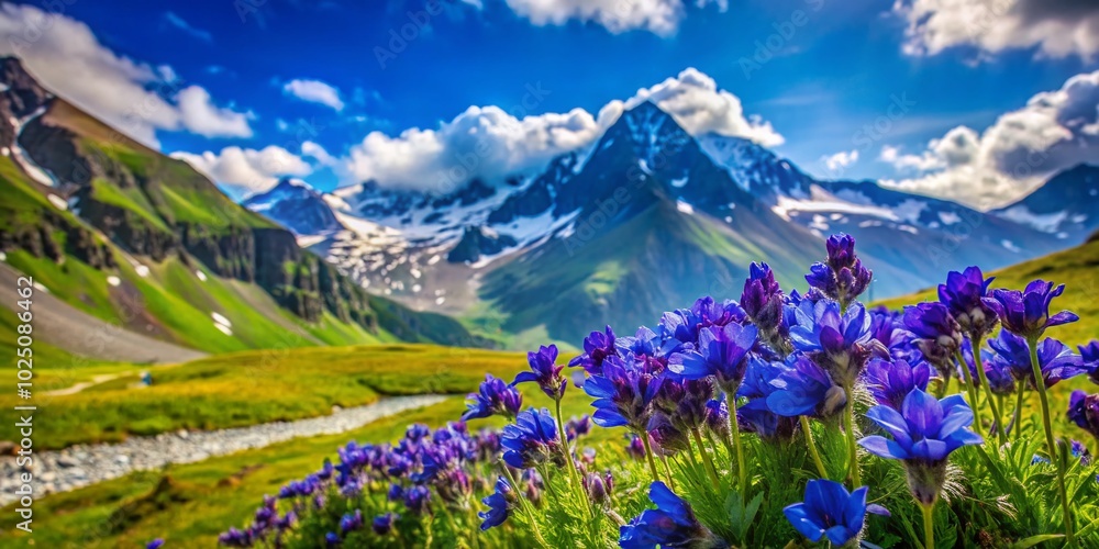 Closeup of Purple-Blue Flowers in High Alpine Meadow, Capturing Nature's Beauty in a Serene Mountain Landscape Closeup of Purple-Blue Flowers in High Alpine Meadow, Capturing Nature's Beauty in a Serene Mountain Landscape