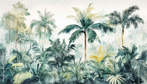 緑豊かなジャングルの風景、熱帯植物が生い茂る静かな場所での自然の美しさを描写しています