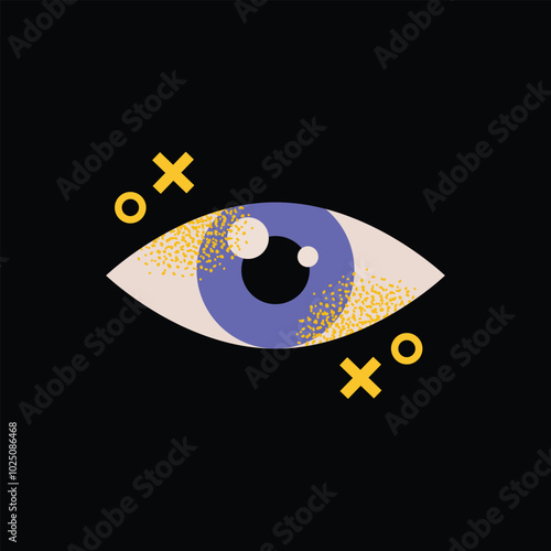 Purple eye with cross symbols on a black background. Vector illustration in flat design style. Eye surveillance and privacy concept for design and print