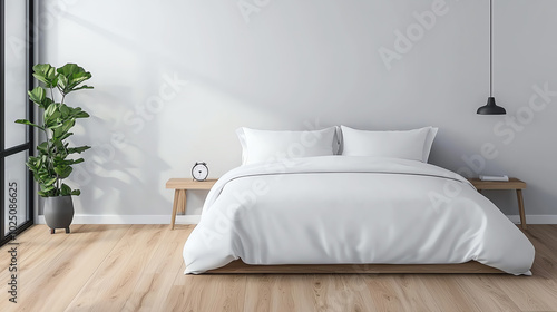 A top view of a minimalist bedroom with a platform bed, simple bedding, and a small bedside table with a reading lamp