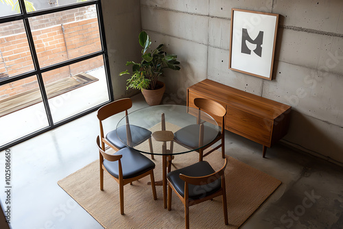 A top view of a midcentury modern dining room with a glasstop table, iconic chairs, and bold artwork on the walls photo