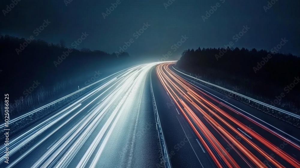 A long exposure shot of a highway with streaking light trails of traffic passing through the city at night. The city skyline glows brightly in the distance. A long exposure shot of a highway with streaking light trails of traffic passing through the city at night. The city skyline glows brightly in the distance.