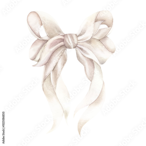 Bow white. Watercolor illustration. Light pastel colors. Wedding invitation, party decoration, greeting card. Knot symbol. Hand drawn illustration. Vintage tie, bowtie. Trendy, simple, fashion tie