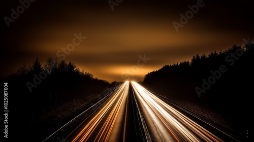 A long exposure shot of a highway with streaking light trails of traffic passing through the city at night. The city skyline glows brightly in the distance.