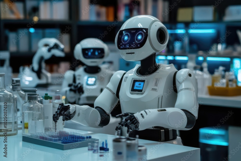 High-tech laboratory with multiple robotic assistants testing new compounds, Drug Discovery, automation, future lab, scientific advancement High-tech laboratory with multiple robotic assistants testing new compounds, Drug Discovery, automation, future lab, scientific advancement