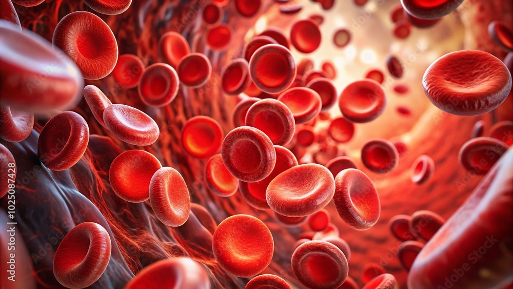 Close Up of Vibrant Red Blood Cells in an Artery, Showcasing Erythrocytes Flowing Through the Human Circulatory System Close Up of Vibrant Red Blood Cells in an Artery, Showcasing Erythrocytes Flowing Through the Human Circulatory System