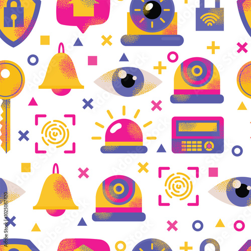 Colorful security system seamless pattern with lock, key, fingerprint, camera, and alarm symbols. Vector flat illustration isolated on background. Home security and surveillance concept for design 