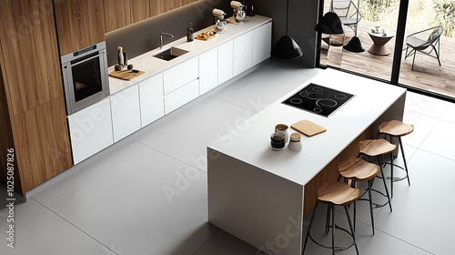 A top view of a modern kitchen with a large island, bar stools, and white cabinetry with stainless steel appliances photo