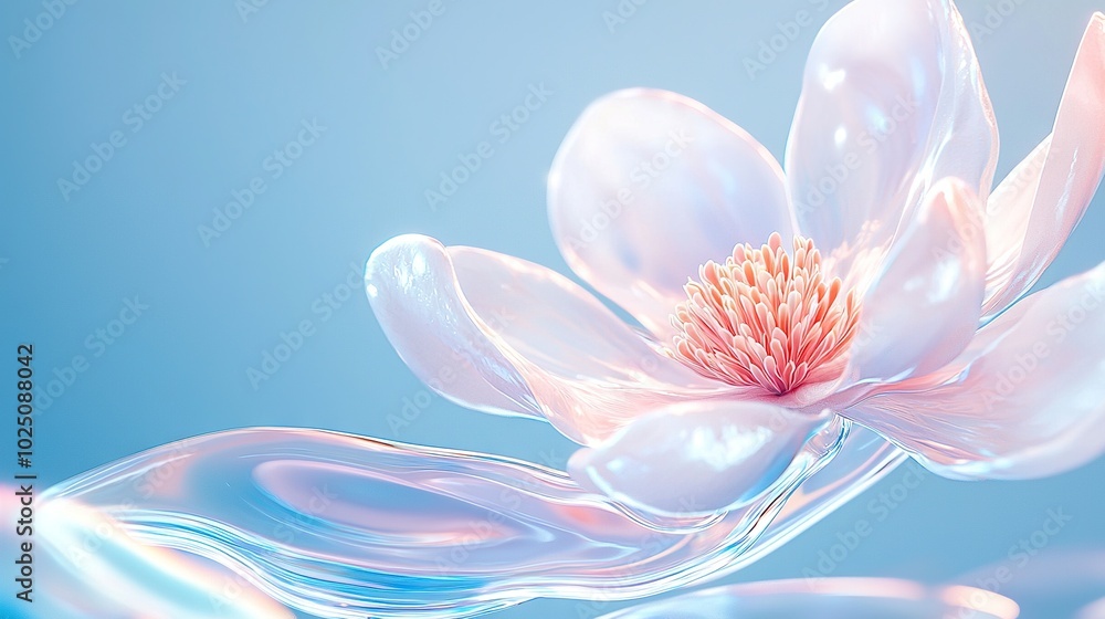 Close-up of pink flower with water in front and blue sky in background Close-up of pink flower with water in front and blue sky in background