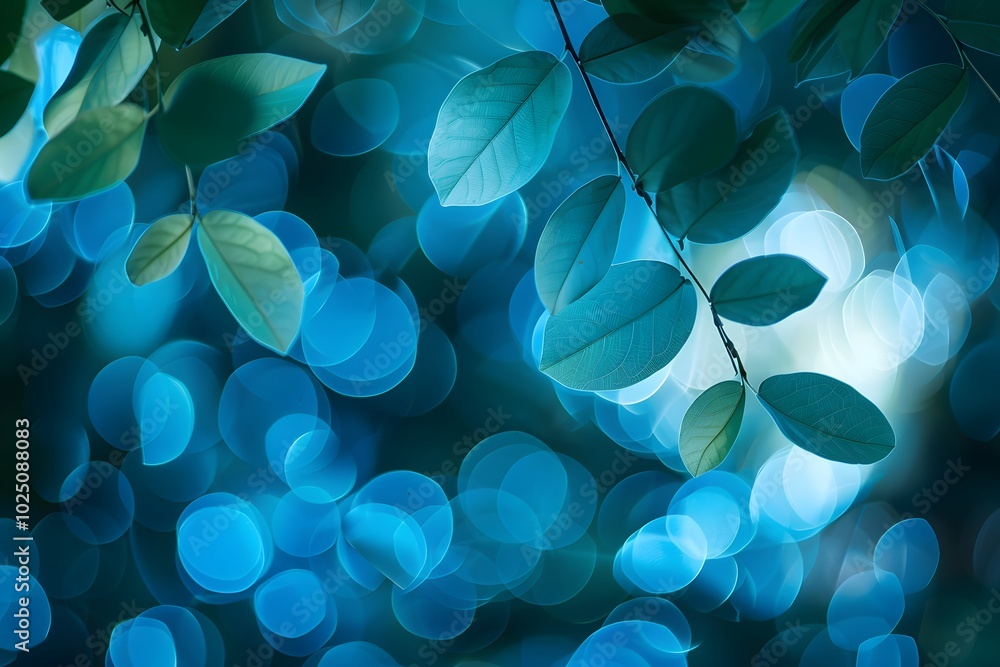 Tranquil Blue Bokeh with Lush Green Leaves Tranquil Blue Bokeh with Lush Green Leaves