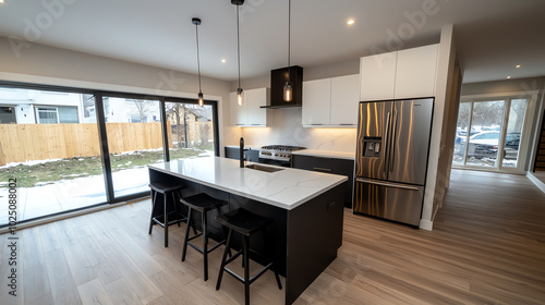 Wallpaper Mural A top view of a modern kitchen with a large island, bar stools, and white cabinetry with stainless steel appliances Torontodigital.ca
