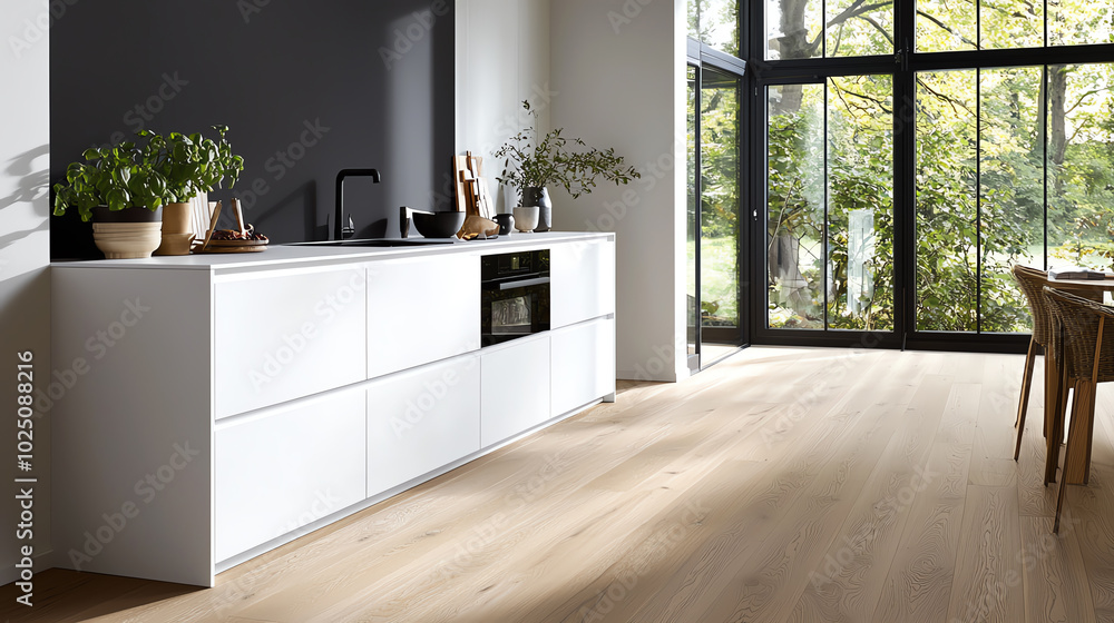 A side view of a Scandinavian kitchen with light wood floors, white cabinets, and pops of greenery from indoor plants A side view of a Scandinavian kitchen with light wood floors, white cabinets, and pops of greenery from indoor plants