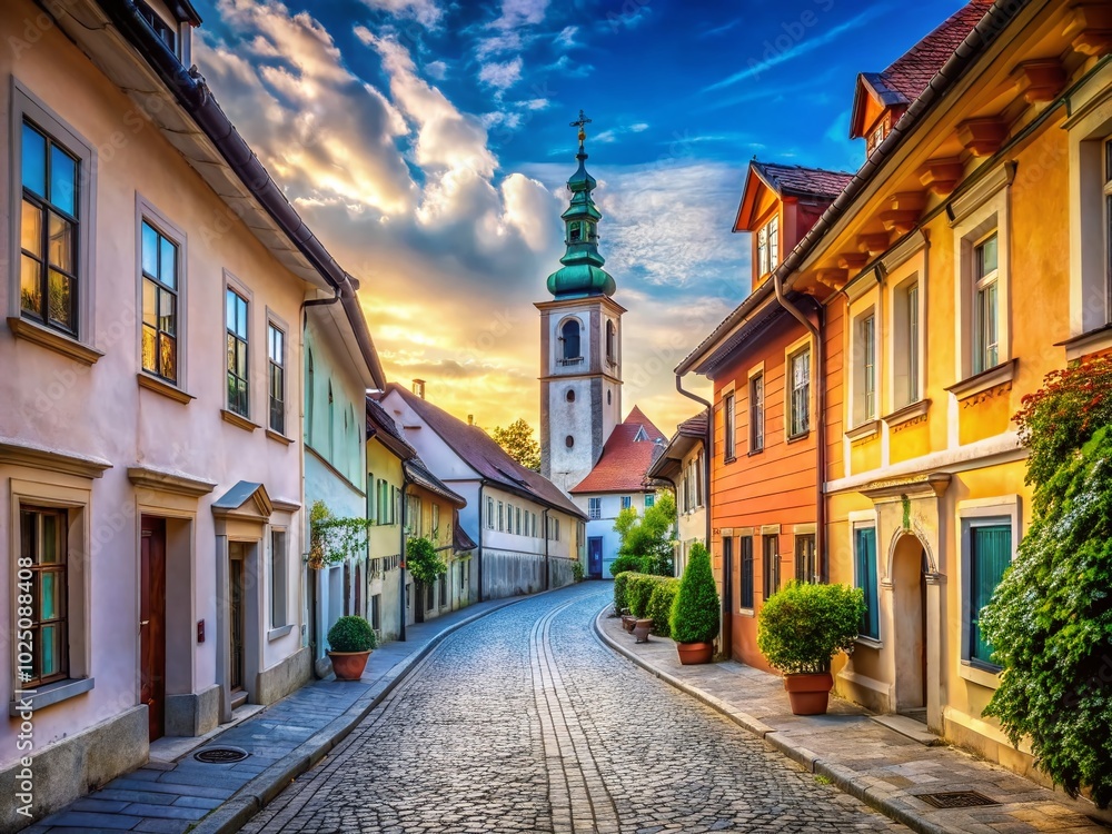 Obraz premium Cobblestone Street and Church Tower under Blue Sky in Kamnik Slovenia - Afternoon Serenity and Scenic Beauty
