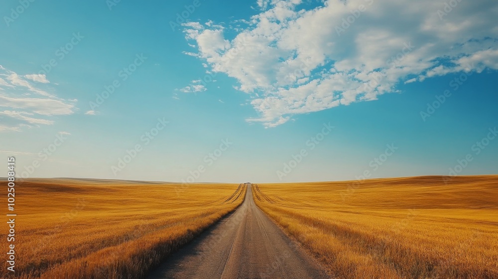 A Winding Road Through a Golden Field Under a Blue Sky with Clouds A Winding Road Through a Golden Field Under a Blue Sky with Clouds