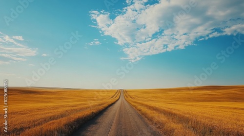 A Winding Road Through a Golden Field Under a Blue Sky with Clouds